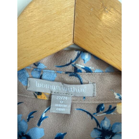 Woman Within button up shirt collar pocket tan blue floral suede feel Size 1X - Picture 7 of 9